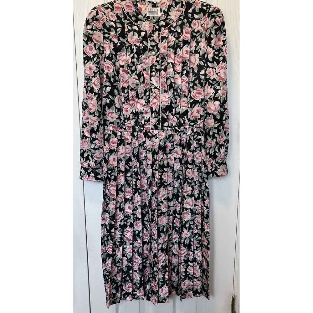 Leslie Fay Floral Midi Dress Cottagecore Long Sleeve Size 8P Vintage 80s/90s